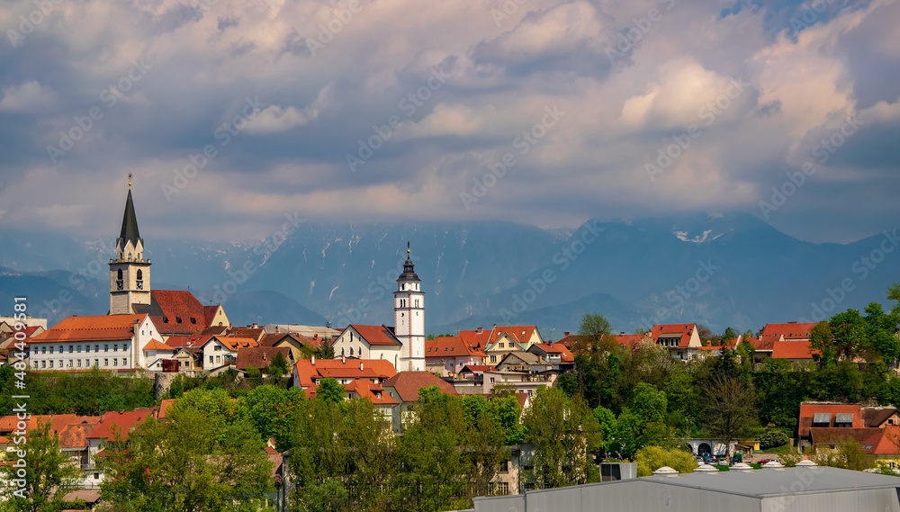 Panoramic view of old churches and historical city center of Kranj, Slovenia