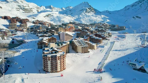 Val Thorens, France: Aerial view of famous ski resort in French Alps (Savoie Alps) mountains in winter, sunny day with lot of snow - landscape panorama of Europe from above photo