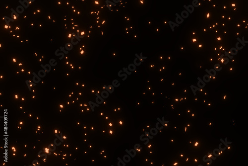 3D Render of many small yellow red particles flying on the black festive background. The trendy backdrop for your design. Three-dimensional illustration