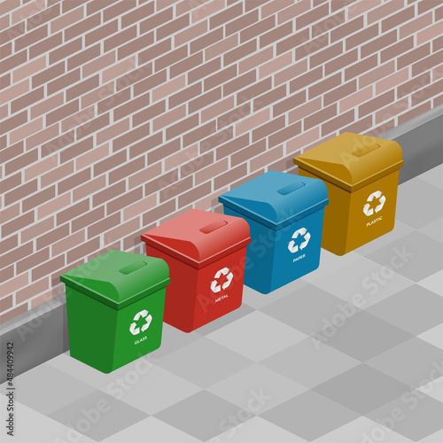 Garbage cans isolated against a brick wall. Vector isometric illustration.