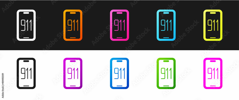 Set Mobile phone with emergency call 911 icon isolated on black and white background. Police, ambulance, fire department, call, phone. Vector Set Mobile phone with emergency call 911 icon isolated on black and white background. Police, ambulance, fire department, call, phone. Vector