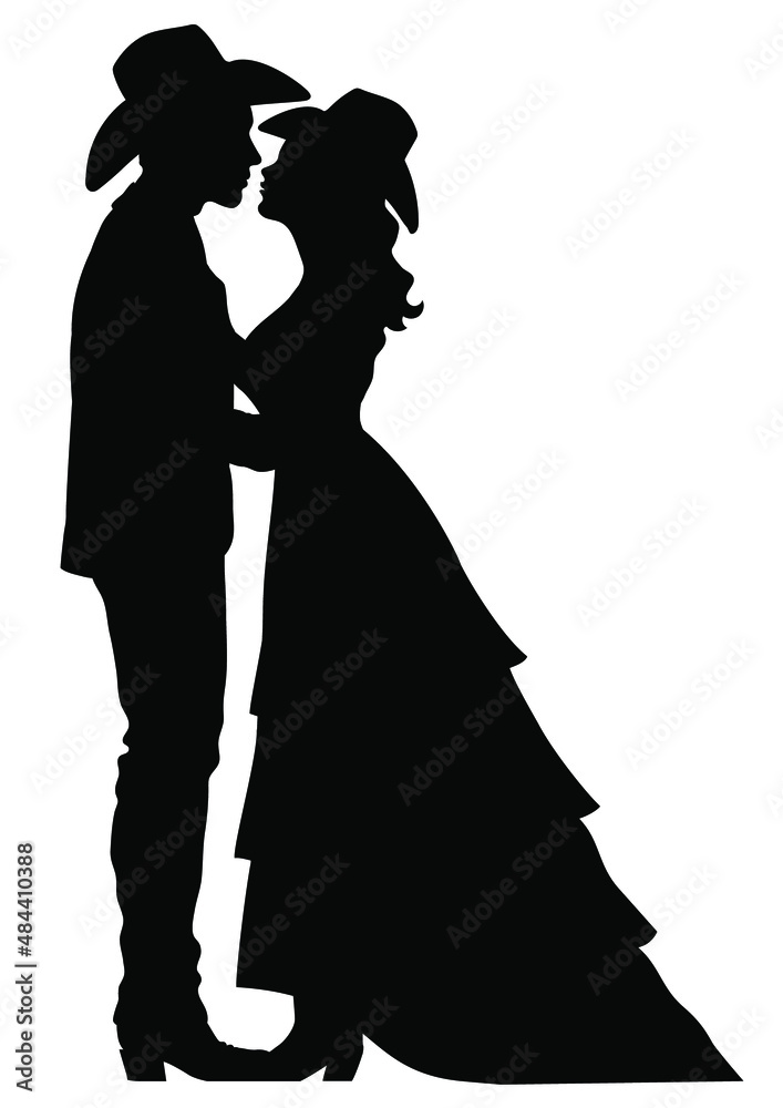 bride and groom silhouette with heart symbol isolated on white. Vector country wedding groom and bride with cowboy hat and cowboy boots