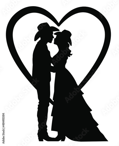 bride and groom silhouette with heart symbol isolated on white. Vector country wedding groom and bride with cowboy hat and cowboy boots