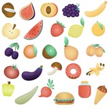 cute edible vegetables, fruits, berries, mushrooms, citrus fruits, donut, vanilla, jam, ice cream, vector set of elements on a white background for kids, help with learning in kindergarten and school