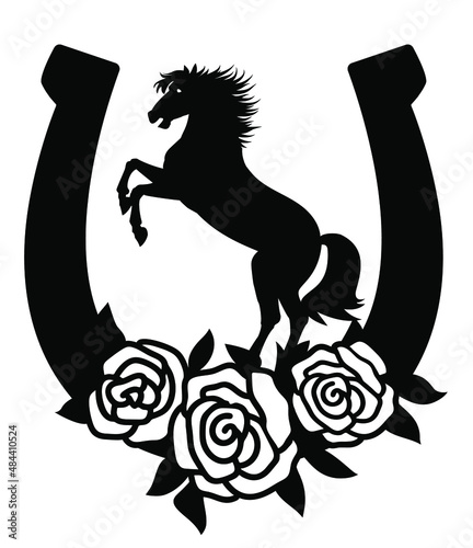 Horse and horseshoe sign silhouette with roses flowers illustration isolated on white for print or design. Vector Farm cowboy rodeo