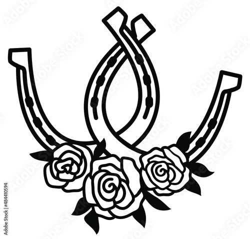 Two connected Horseshoes. Lucky symbol with Horseshoes and roses floral decoration. Vector illustration clipart isolated on white for design