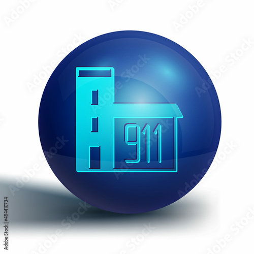 Blue Building of fire station icon isolated on white background. Fire department building. Blue circle button. Vector