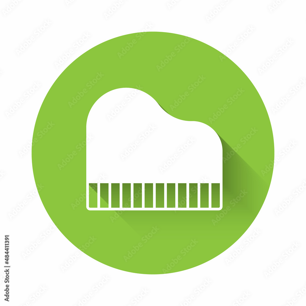 White Grand piano icon isolated with long shadow background. Musical instrument. Green circle button. Vector White Grand piano icon isolated with long shadow background. Musical instrument. Green circle button. Vector