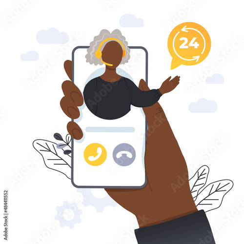 Customer support. Personal assistant service. Social media network services, online supporter agents. Isolated flat vector illustration with old black woman. Work for elderly people.