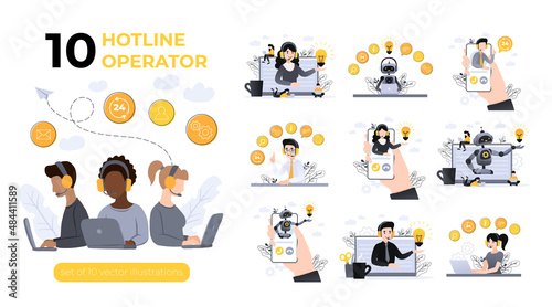 Bundle of concept customer and operator, online technical support 24-7. Set of vector illustrations with hotline operator advises client. Personal assistant, Online assistant, virtual help service.