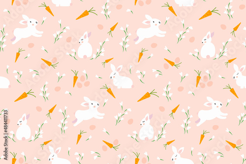 Bunny pattern. Cute Easter bunnies seamless background with carrots, eggs