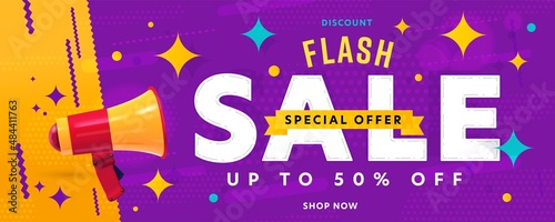 Flash sale discount special offer header banner template. Shop now with half price advertisement. Up to 50 percent off money save on shopping online announcement vector illustration