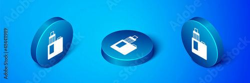Isometric Vape mod device icon isolated on blue background. Vape smoking tool. Vaporizer Device. Blue circle button. Vector