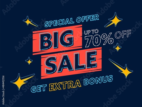 Banner template with big sale special offer up to 70 percent. Get extra bonus motivation. Promotion poster, coupon or email newsletter in minimal memphis style vector illustration