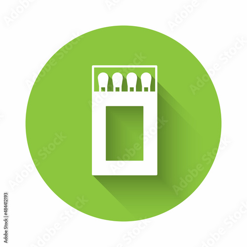 White Open matchbox and matches icon isolated with long shadow background. Green circle button. Vector