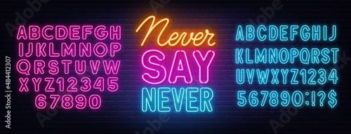 Never Say Never neon quote on a brick wall.