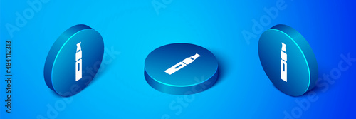 Isometric Electronic cigarette icon isolated on blue background. Vape smoking tool. Vaporizer Device. Blue circle button. Vector