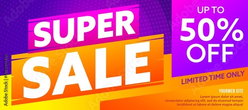 Sale banner template with up to 50 percent off discount. Realistic design for limited time only wholesale promotion. Advertisement material for commercial mailings vector illustration