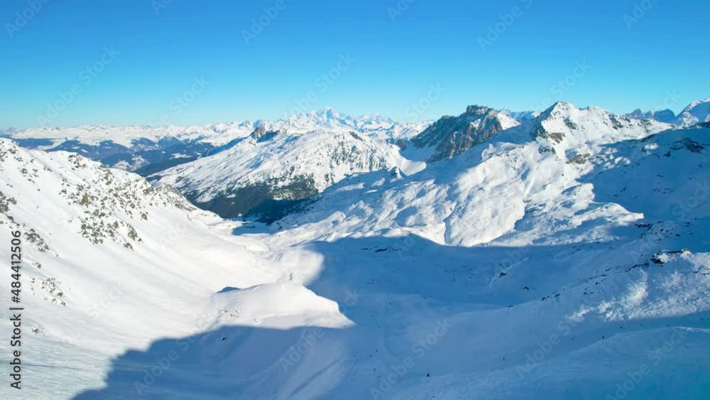 custom made wallpaper toronto digitalVal Thorens, France: Aerial view of famous ski resort in French Alps (Savoie Alps) mountains in winter, skiers go down slope richly covered with snow, sunny day - landscape panorama of Europe from abo
