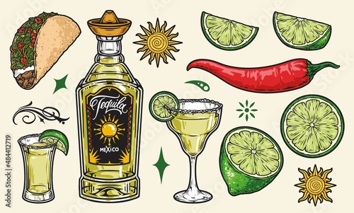 Canvas Print Colorful vintage elements of tequila drink