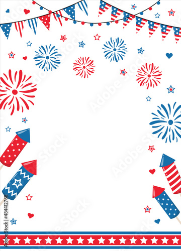 4th of July border frame with red, blue fireworks and sparks, isolated on white background. Design for American Independence Day party invitations or posters.