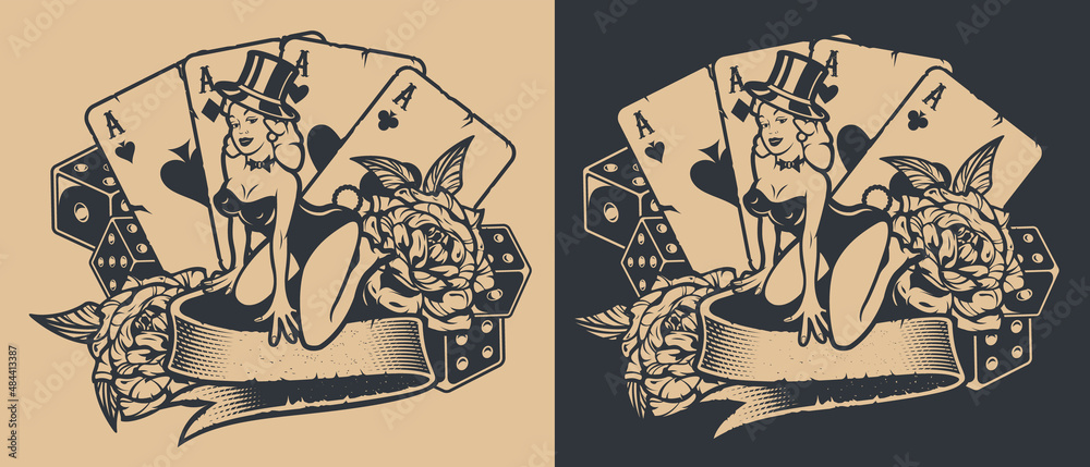 Naklejka premium Black-white illustration with pin-up girl with dice and playing cards in vintage style.