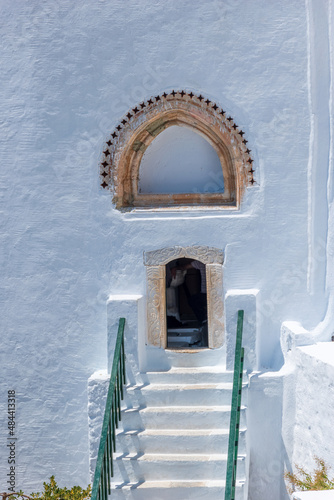 view from the famous Hozoviotissa Monastery standing on a rock over the Aegean sea in Amorgos island, Cyclades, Greece.