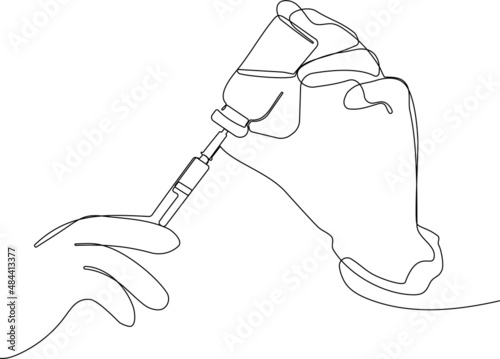 Continuous one line drawing of Medicine doctor and vaccine dose flu shot drug syringe in laboratory, microbiology and pharmaceutical research. Vector illustration for your minimal design.