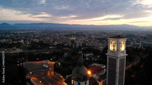 Aerial view of Monte Berico and Piazzale della Vittoria at sunrise, with a view of Vicenza  - Drone photo