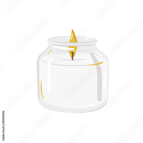White candle in glass jar. Vector illustration of modern soy candle in glass container.