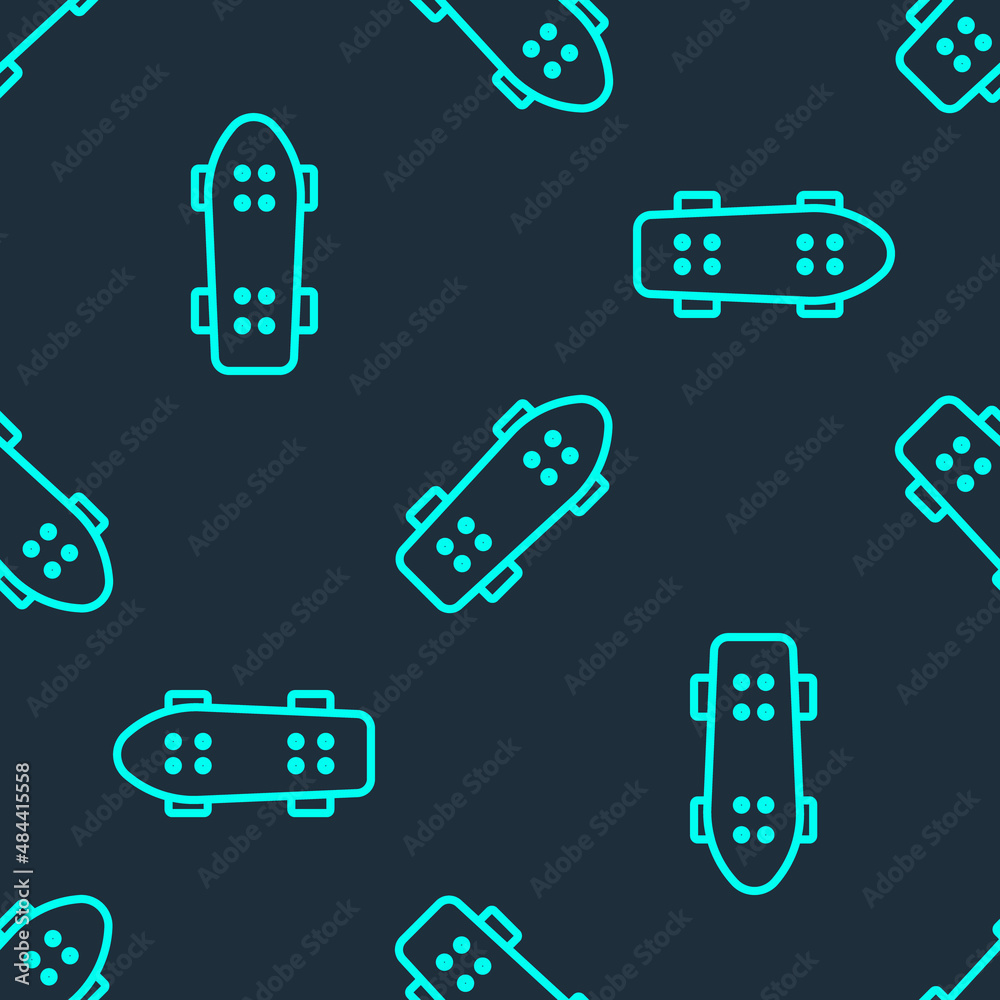 Green line Skateboard icon isolated seamless pattern on blue background. Extreme sport. Sport equipment. Vector Green line Skateboard icon isolated seamless pattern on blue background. Extreme sport. Sport equipment. Vector