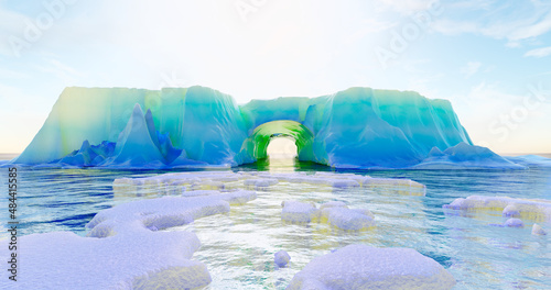 Fototapeta Naklejka Na Ścianę i Meble -  3d rendering. An arctic glacier with an ocean tunnel and small ice floes floating around against a blue sky with clouds.