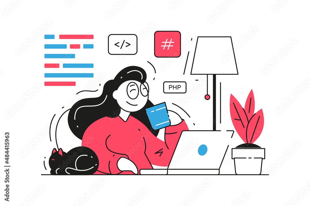 Woman developer software engineer freelancer working at home laptop drinking tea vector flat illustration. Female programmer web coding script writing remotely analyzing internet business technology Stock Vector | Adobe Stock Woman developer software engineer freelancer working at home laptop drinking tea vector flat illustration. Female programmer web coding script writing remotely analyzing internet business technology Stock Vector | Adobe Stock