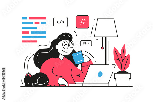 Woman developer software engineer freelancer working at home laptop drinking tea vector flat illustration. Female programmer web coding script writing remotely analyzing internet business technology