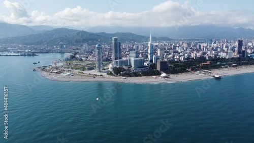 4K Drone Sea View Of Shoreline in Batumi. Aerial Sea View Of Business Center In The City