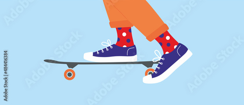 Skater ride on skateboard. Skate park. Legs in sneakers and color print socks. Equipment for skateboarding. Sport lifestyle active leisure. Outdoor activity. Colorful Isolated flat vector illustration