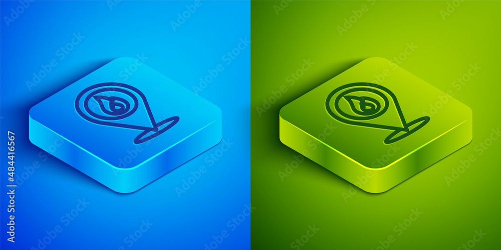 Isometric line Map pointer with fire flame icon isolated on blue and green background. Fire nearby. Square button. Vector Isometric line Map pointer with fire flame icon isolated on blue and green background. Fire nearby. Square button. Vector