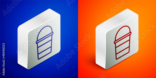 Isometric line Fire bucket icon isolated on blue and orange background. Metal bucket empty or with water for fire fighting. Silver square button. Vector