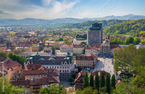 Panoramic view of Ljubljana city center from castle hill, Ljubljana, Slovenia