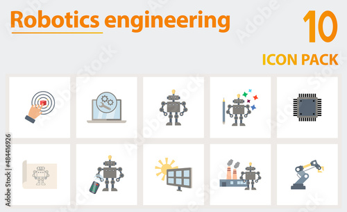 Robotics Engineering icon set. Collection of simple elements such as the 3d sensor, repair process, robotics crawler, robot design, industrial robots, remote control, robotics engineering.