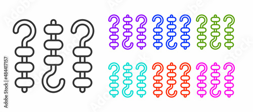 Black line Grilled shish kebab on skewer stick icon isolated on white background. Meat kebab on skewer stick. Picnic with grilled meat. Set icons colorful. Vector