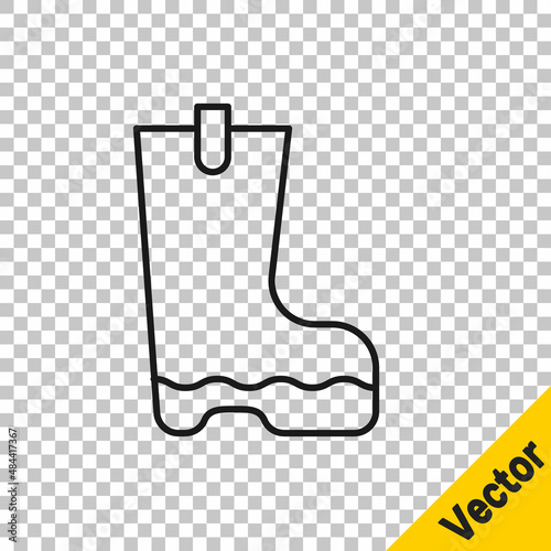 Black line Waterproof rubber boot icon isolated on transparent background. Gumboots for rainy weather, fishing, gardening. Vector