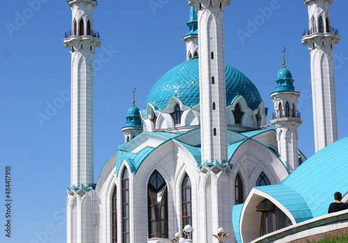 Kazan, Russia - June 20 2021 - beautiful view of the Kul-Sharif mosque during sunny summer day in Kazan kremlin. Islamic architecture in Kazan city center. Travel and tourism concept.