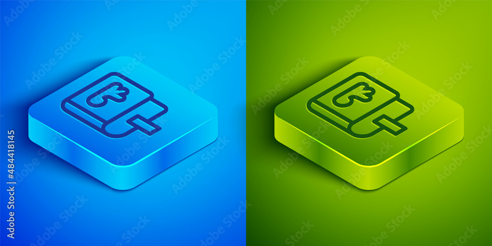 Isometric line Viking book icon isolated on blue and green background. Square button. Vector Isometric line Viking book icon isolated on blue and green background. Square button. Vector