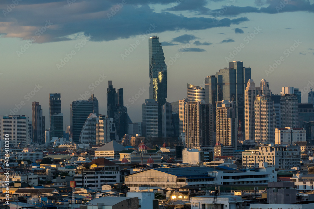 Sunset over Bangkok Skyline includes King Power Mahanakhon Tower. It was recognized as the tallest building in Thailand
