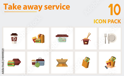 Take Away Service icon set. Collection of simple elements such as the takeaway coffee, takeaway food, containers, wok, burger packaging, lunch box, take out.