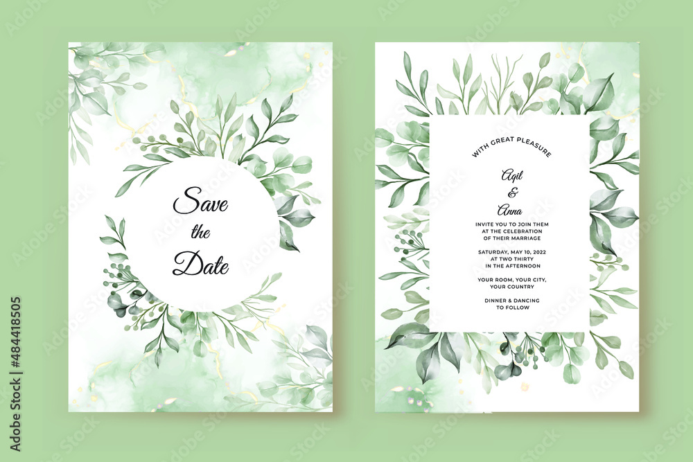 wedding invitation with greenery leaves