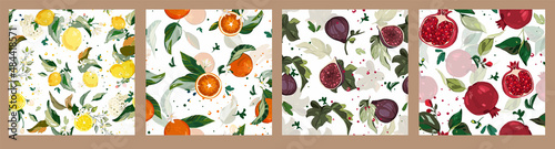 Big set vector seamless pattern with Garnet, lemon, orange and figs branch. green leaves, fruit, flowers