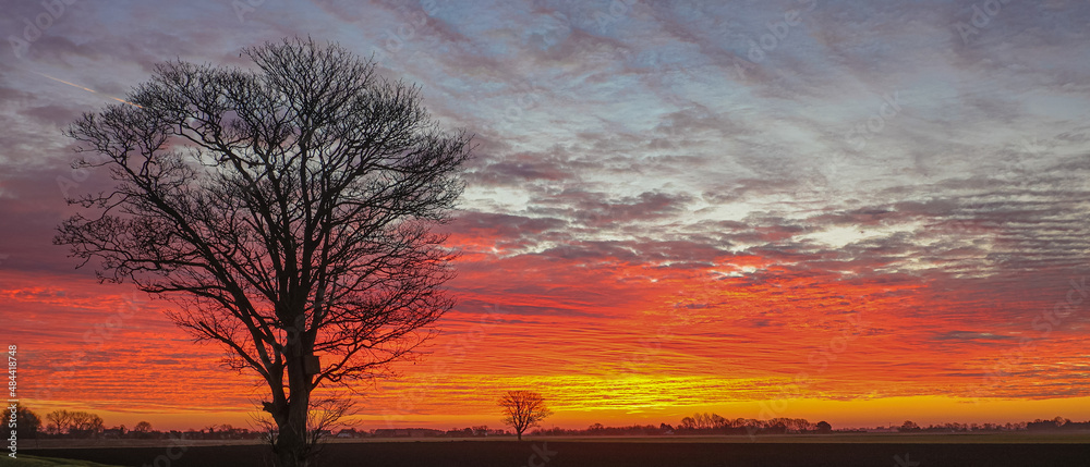 Vivid sunrise across the Fenlands of Lincolnshire, UK