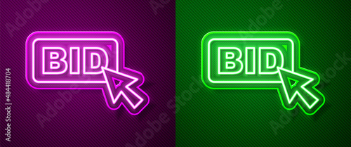 Glowing neon line Bid icon isolated on purple and green background. Auction bidding. Sale and buyers. Vector